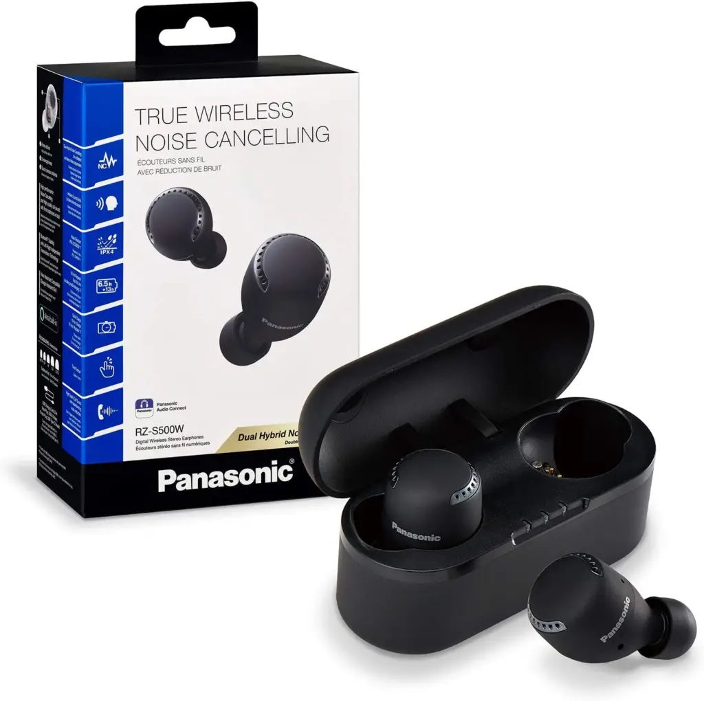 Panasonic True Wireless Earbuds, Noise Cancelling Bluetooth Headphones, IPX4 Water Resistant and Compatible with Alexa, Charging Case Included - RZ-S500W (Black)